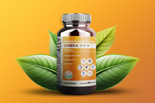 Bottle of Omega-3 supplements with fish oil capsules, rich in essential fatty acids.