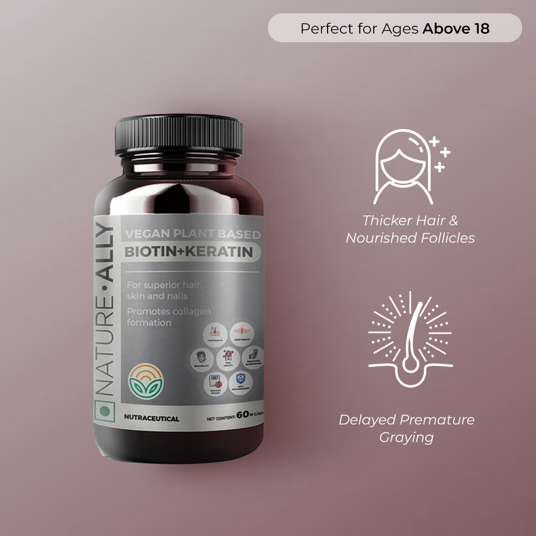 Biotin + Keratin with Ginkgo Biloba - Vegan Plant-Based formulation that promotes Hair and Nail Health